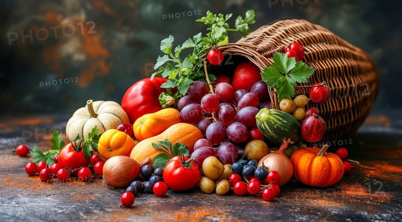 A selection of fresh autumn produce spilling from a cornucopia on a dark surface, AI generated