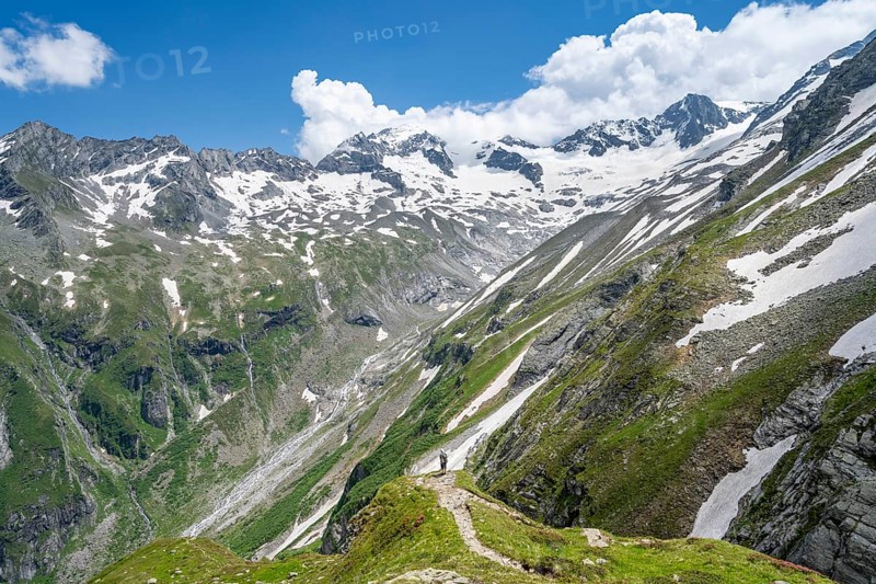 Mountaineer on hiking trail in picturesque mountain landscape, in the background mountain peak Grosser Loeffler and Oestliche Floitenspitze with glacier Floitenkees, valley Floitengrund, Berliner Hoehenweg, Zillertal Alps, Tyrol, Austria, Europe
