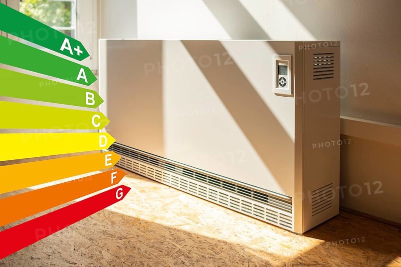Night storage heating in a flat, diagram with energy efficiency classes for buildings according to the GEG, energy efficiency