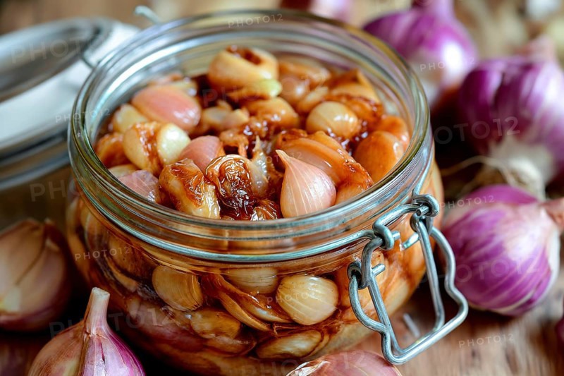 A glass jar with pickled garlic and shallots stands on a wooden table, KI generated, AI generated