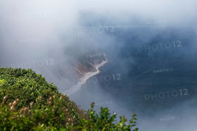 Coastal seascape in fog, Gulf of Saint Lawrence, Province of Quebec, Canada, sea, water, blue, North America