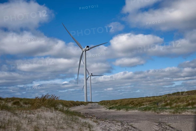 Wind turbines on the beach at Hvide Sande, West Jutland, Denmark, Europe