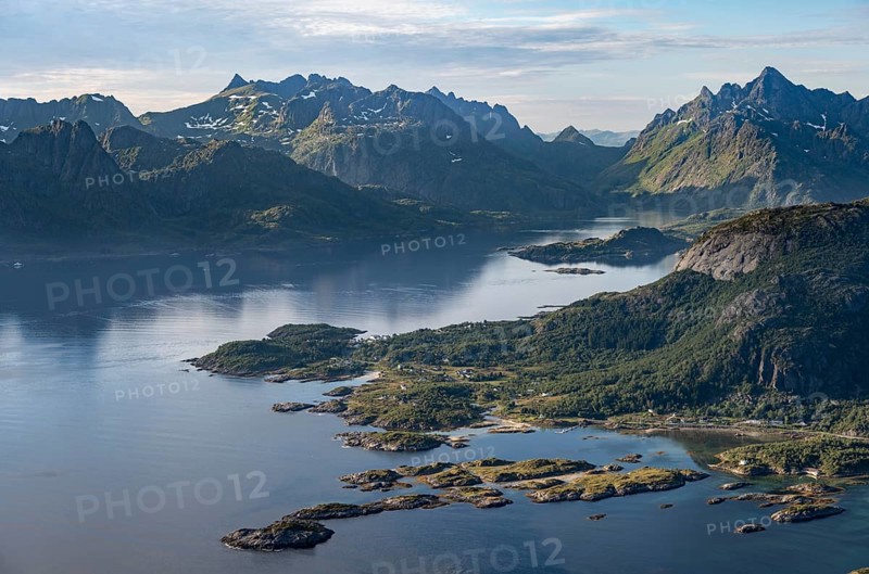 Fjord Raftsund and mountains, view from the top of Dronningsvarden or Stortinden, Vesteralen, Norway, Europe