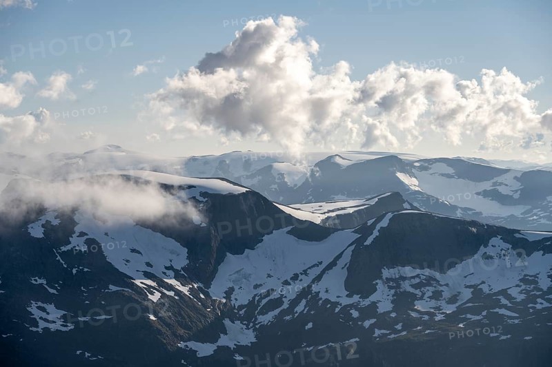 Mountain peak with Jostedalsbreen glacier, view from the summit of Skala, Loen, Norway, Europe