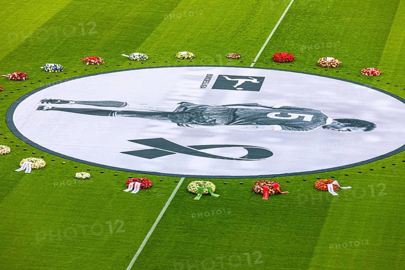 Banner with Franz Beckenbauer and wreaths of flowers, funeral service of FC Bayern Munich for Franz Beckenbauer, Allianz Arena, Froettmaning, Munich, Upper Bavaria, Bavaria