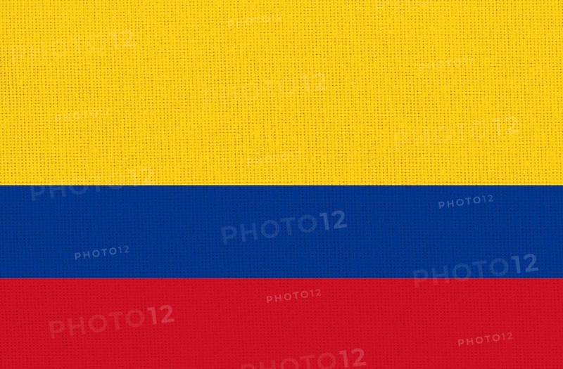 Close-up of a textured flag with horizontal yellow, blue, and red stripes, Flag of Colombia. Colombian flag on fabric surface. Colombian national flag on textured background. Fabric Texture. Colombian country. Republic of Colombia. 3 D illustration