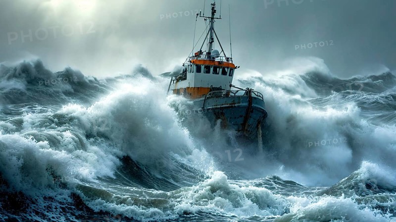 A heavy storm sweeps over the sea and creates very high waves at wind force 12 and in the middle of it a small fishing boat, AI generated, AI generated