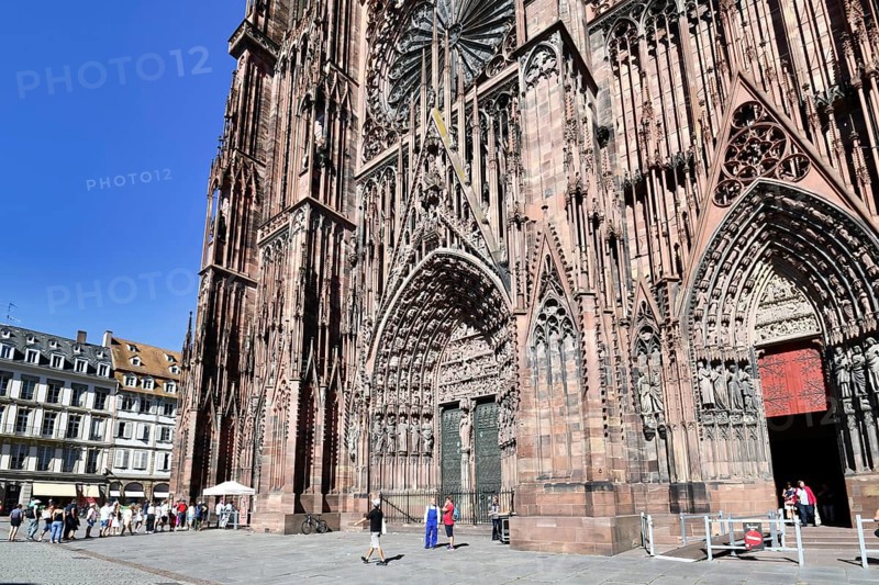 Strasbourg, France, September 2023: Entrance door of famous Strasbourg Cathedral in France in Romanesque and gothic architecture style, Europe