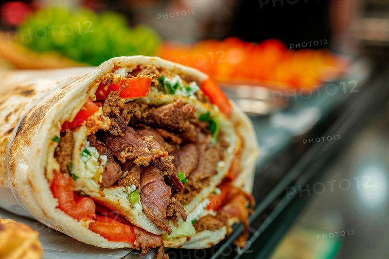 A freshly prepared doner kebab with beef and salad, KI generated, AI generated