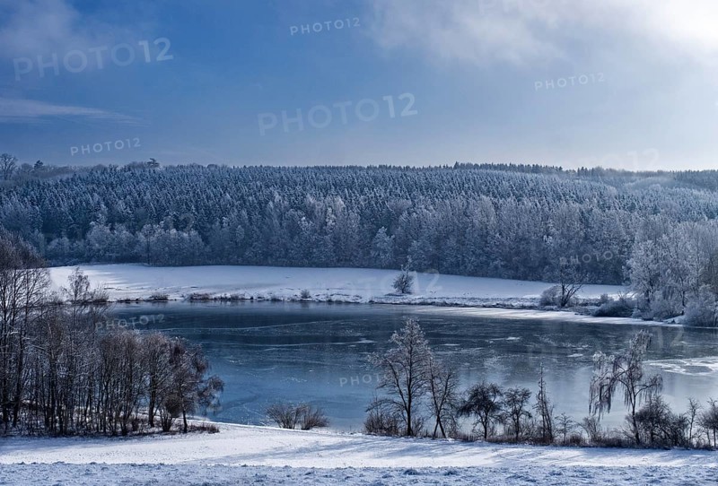 Frozen retention basin in Spindelwag, Rot an der Rot, Baden-Wuerttemberg, Germany, Europe