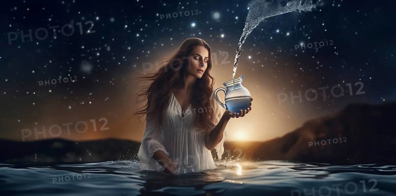 Young woman Aquarius according to the zodiac sign with brown hair and blue eyes against the background of the starry sky. interpretation of the zodiac sign in human form.AI generated