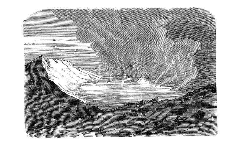 Crater of the island of Ferdinandea (Nerita), also Isola Ferdinandea, sunken volcanic island in the Mediterranean (historical, old lithograph), black and white drawing, illustration of a volcanic eruption with smoke and ash, geology, volcanology, artist: Bernhard von Cotta, Italy, Europe