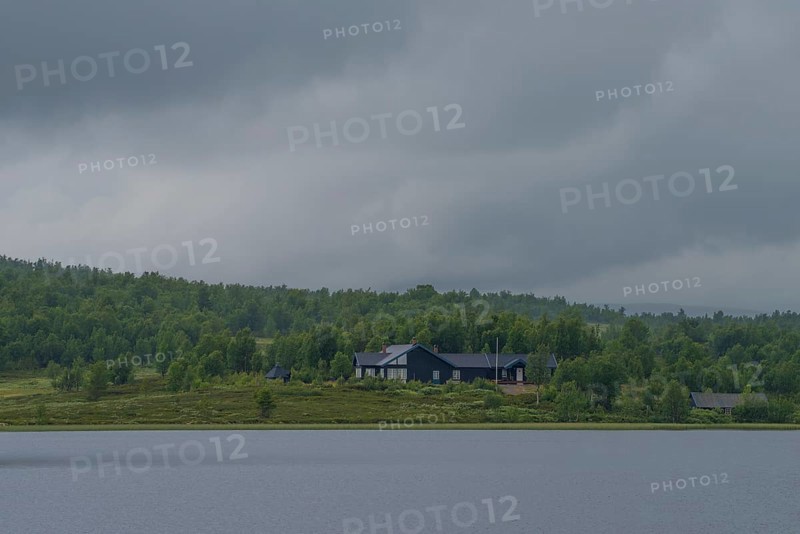 Cabin at Lake Aenevatnet in the rain, landscape format, inland waters, log cabin, holiday home, fjell, fjell cabin, plateau, wooden house, landscape, landscape photo, panoramic photo, summer, shore, clouds, secluded, remote, lonely, Uvdal, Viken, Norway, Europe