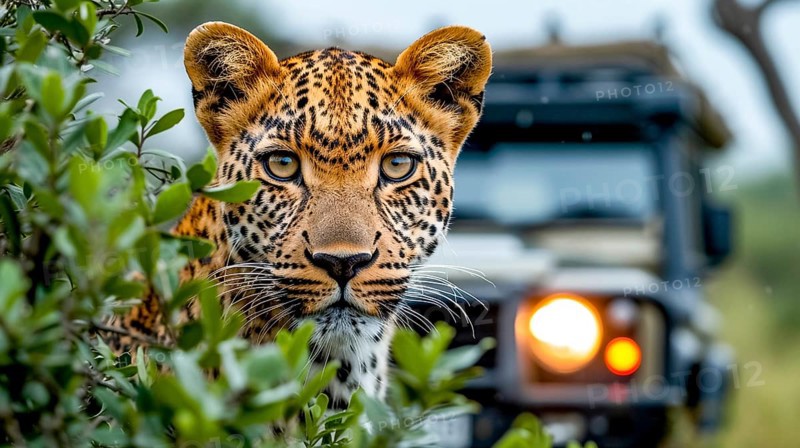 Leopard (Panthera pardus) in natural environment with Jeep, Landrover, AI generated