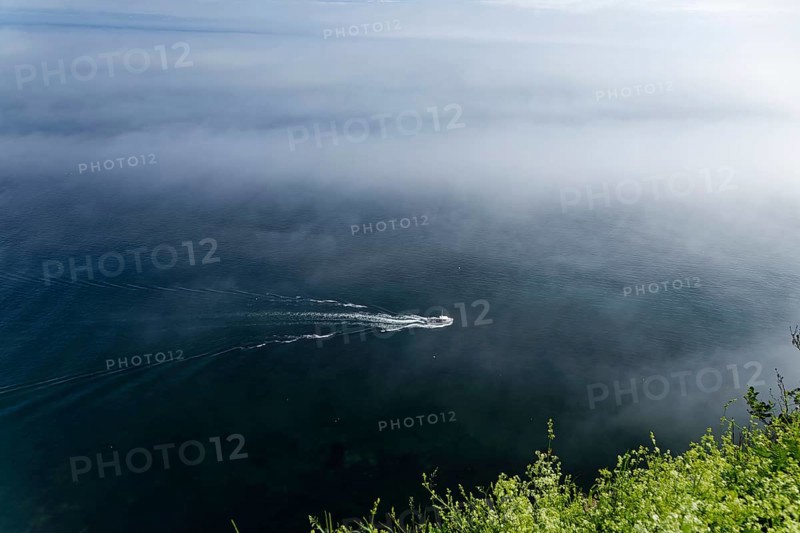 Coastal seascape, fishing boat in fog, Gulf of Saint Lawrence, Province of Quebec, Canada, sea, water, blue, North America