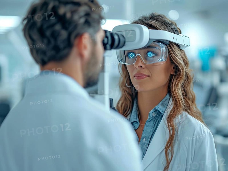 Examination at the ophthalmologist, prevention of poor eyesight, cataracts, blindness, retinal detachments, glasses AI generated