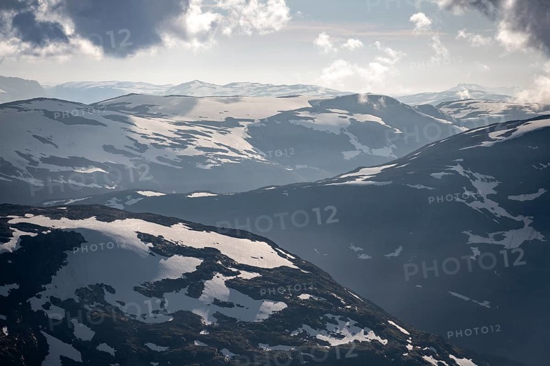 Mountain peak with Jostedalsbreen glacier, view from the summit of Skala, Loen, Norway, Europe