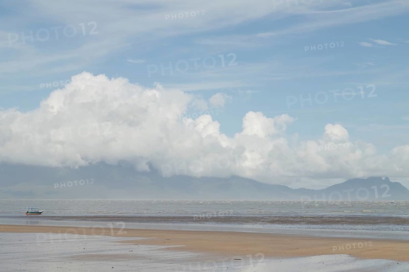 Bako national park, sea sandy beach, sunny day, blue sky and sea. Vacation, travel, tropics concept, no people, Malaysia, Kuching, Asia