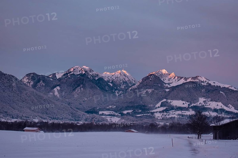 Snowy landscape at sunrise with mountain panorama, view of Wendelstein, Nussdorf, Bavaria, Germany, Europe