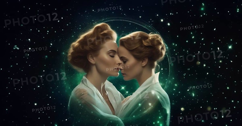 Young woman Gemini by zodiac sign with brown hair and green eyes against the background of the starry sky. interpretation of the zodiac sign in human form. AI generated