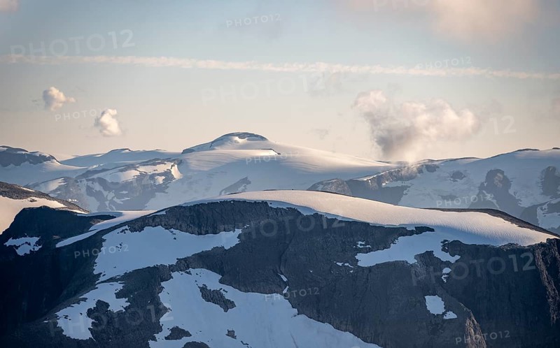 Mountain peak with Jostedalsbreen glacier, view from the summit of Skala, Loen, Norway, Europe