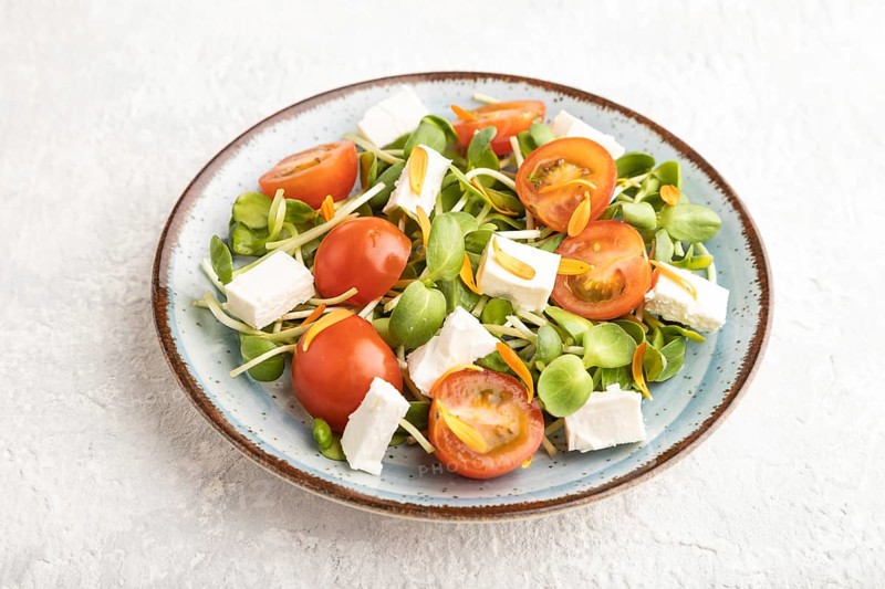 Vegetarian vegetables salad of tomatoes, marigold petals, microgreen sprouts, feta cheese on gray concrete background. Side view, close up