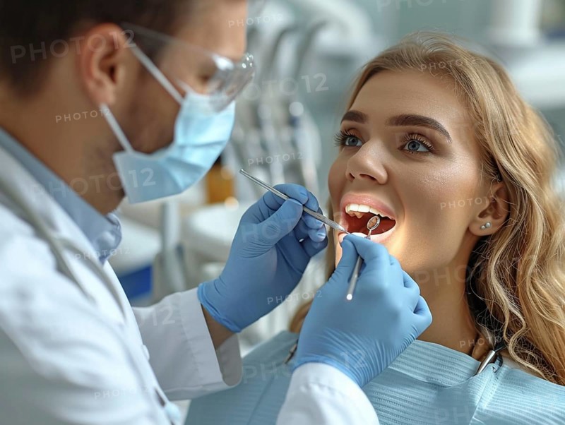 A patient is treated in a dental practice by a dentist, AI generated