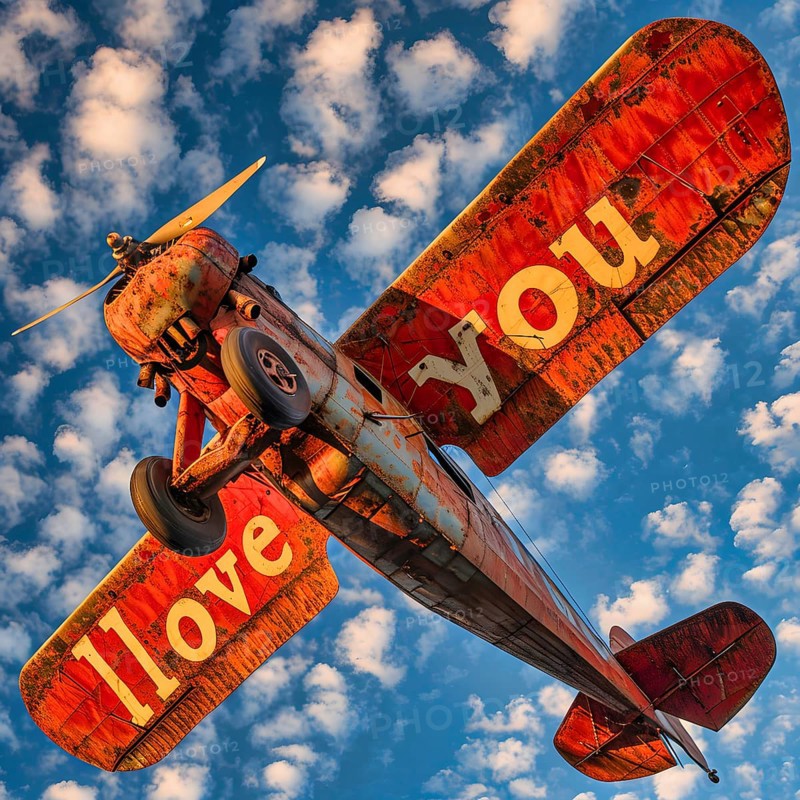 An old red high-wing plane with a radial engine and balloon tyres, I Love You written on the wings, a blue sky with small clouds in the background, AI generated, AI generated