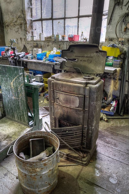 Workshop with coal furnace of a metal powder mill, founded around 1900, Igensdorf, Upper Franconia, Bavaria, Germany, metal, factory, Europe