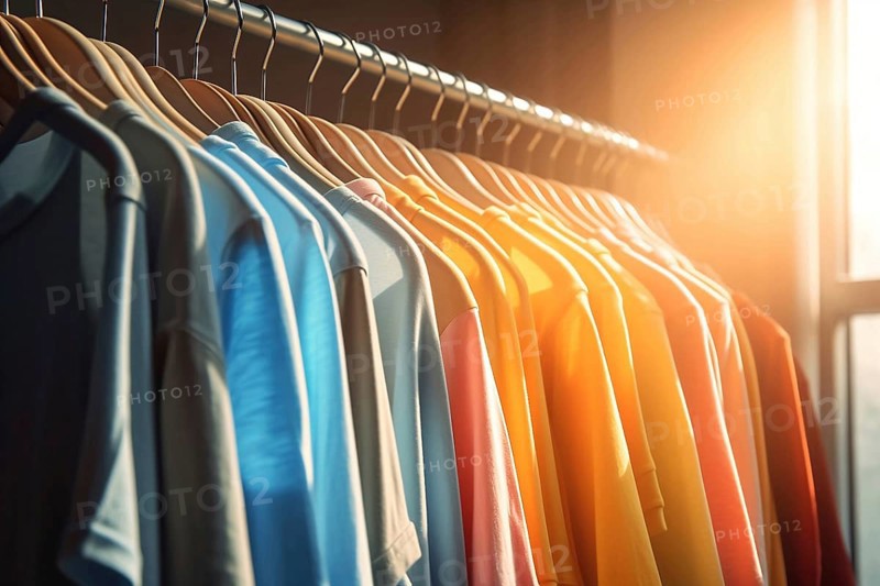 Colorful shirts hanging on clothing rail. KI generiert, AI generated