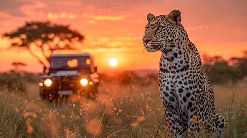 Leopard (Panthera pardus) in natural environment with Jeep, Landrover, AI generated