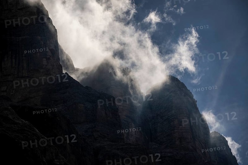Dolomite peaks in clouds, Corvara, Dolomites, Italy, Europe