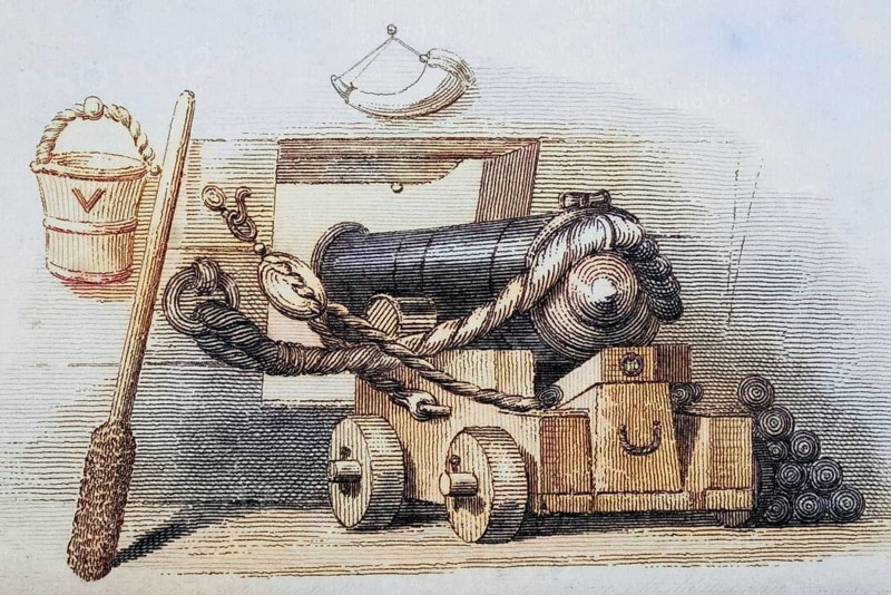 Cannon with cannonballs, c. 1810, Illustration from England's Battles at Sea and on Land by Lieutenant-Colonel Williams, Historical, digitally restored reproduction from a 19th century original, Record date not stated