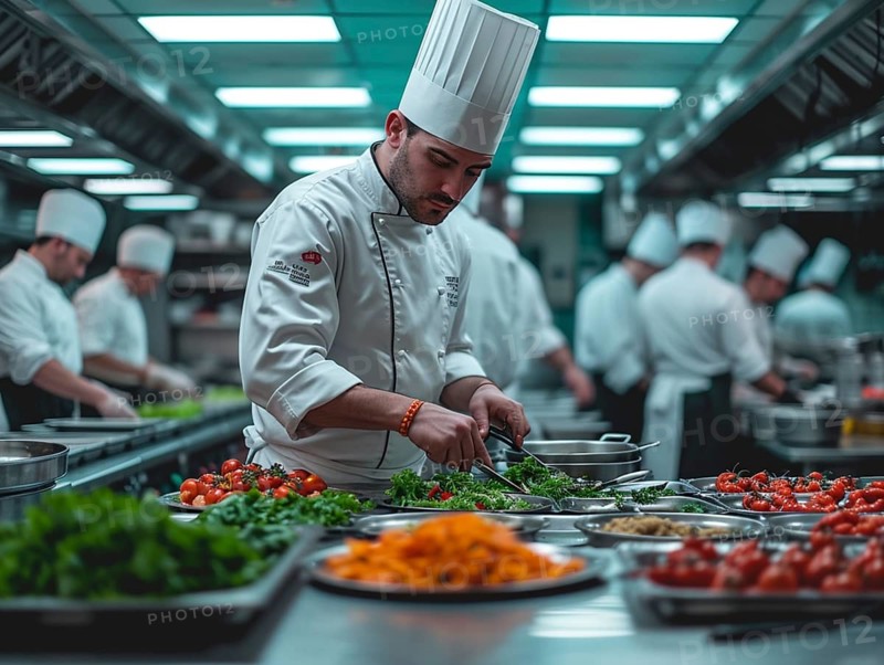 Chefs in a commercial kitchen at work, AI generated