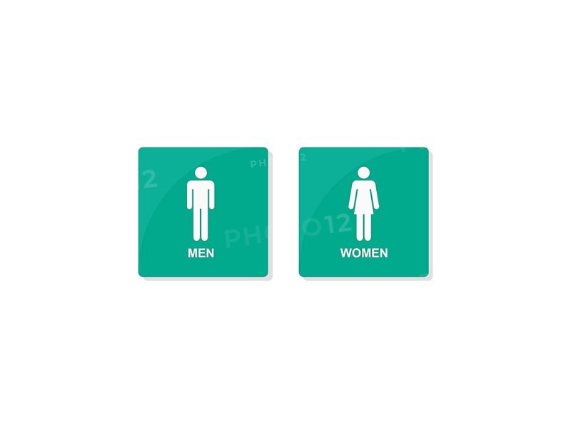 Gender icons representing men and women on teal backgrounds for restroom signs