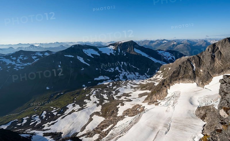 Mountain panorama, glacier remnants of Skalabreen, view from the summit of Skala, Loen, Norway, Europe