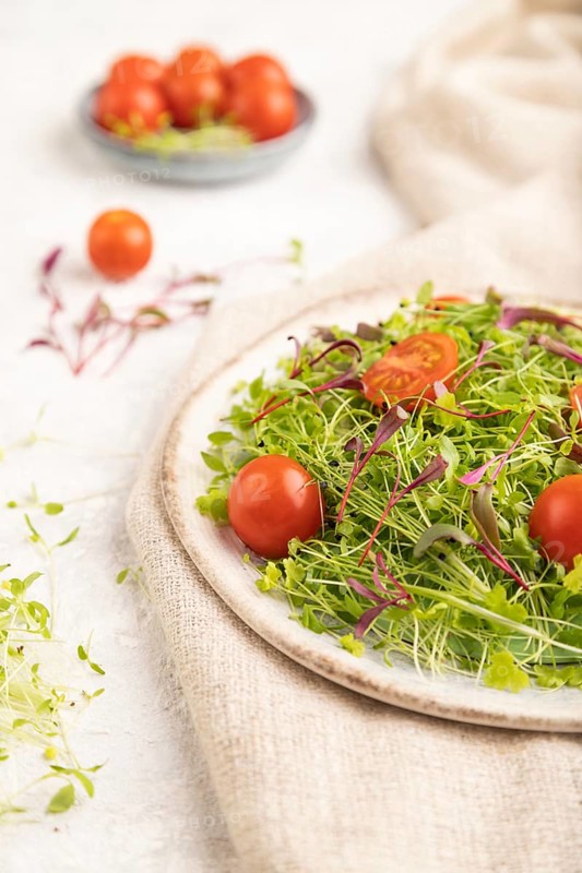 Vegetarian vegetables salad of tomatoes, celery, onion microgreen sprouts on gray concrete background and linen textile. Side view, copy space, selective focus