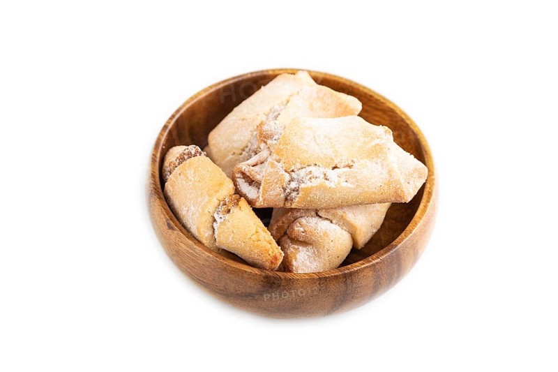 Homemade sweet cookie with apple jam isolated on white background. side view, close up