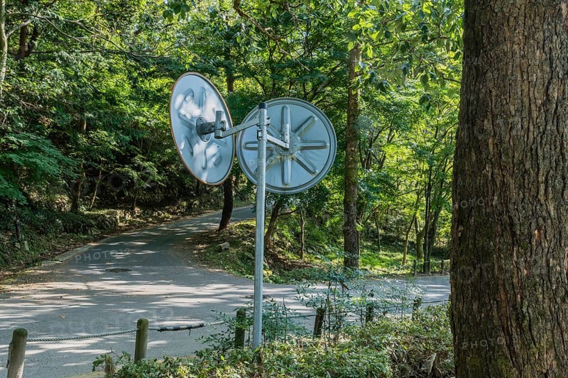 Back side of traffic mirrors at rural three way intersection in Gimje-si, South Korea, Asia