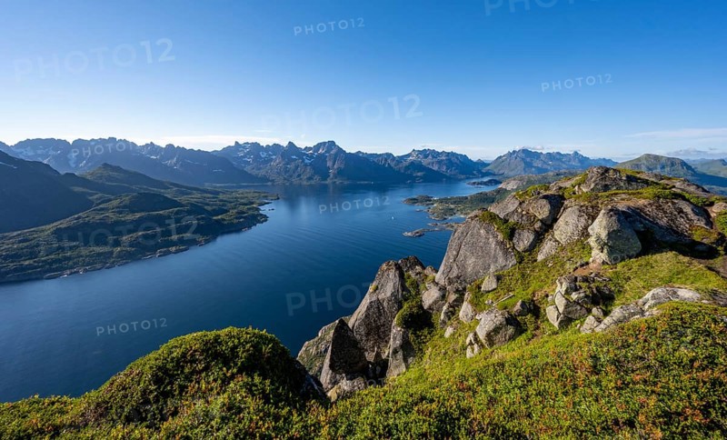 View of Fjord Raftsund and mountains, view from the top of Dronningsvarden or Stortinden, Vesteralen, Norway, Europe