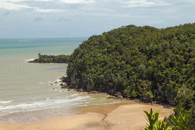 Bako national park, sea sandy beach, sunny day, blue sky and sea. Vacation, travel, tropics concept, no people, Malaysia, Kuching, Asia