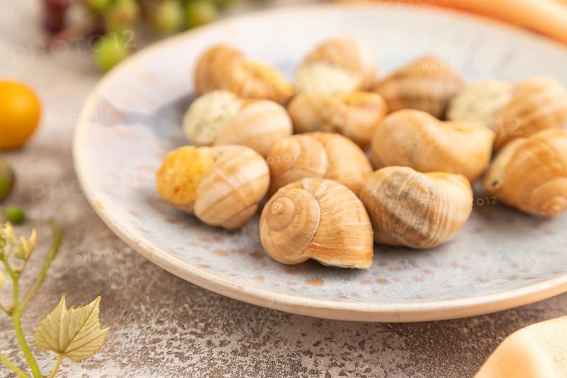 Grape (Burgundy) snails with butter and cheese on brown concrete background and orange textile. Side view, selective focus