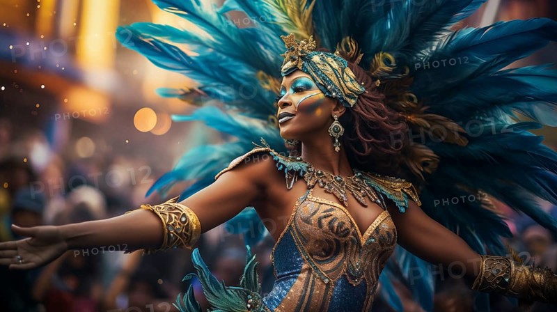 A dancer mascot adorned in a dazzling costume with feathers, immersed in the energetic atmosphere of the iconic Rio Carnival. The image captures the essence of celebration, color, and culture, AI generated