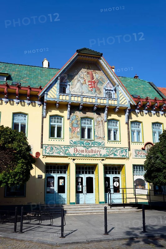 Art Nouveau building on a sunny day with blue sky and green roof, artistic facade, House of Culture, House of Culture, Skalica, Skalica, Trnavsky kraj, Slovakia, Europe