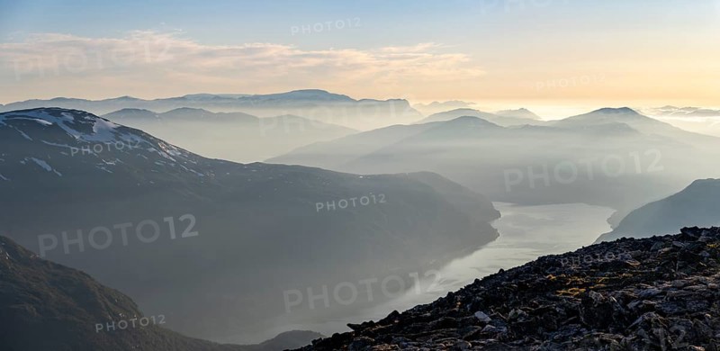Mountains and fjord Faleidfjorden, in the evening light, view from the top of Skala, Loen, Norway, Europe