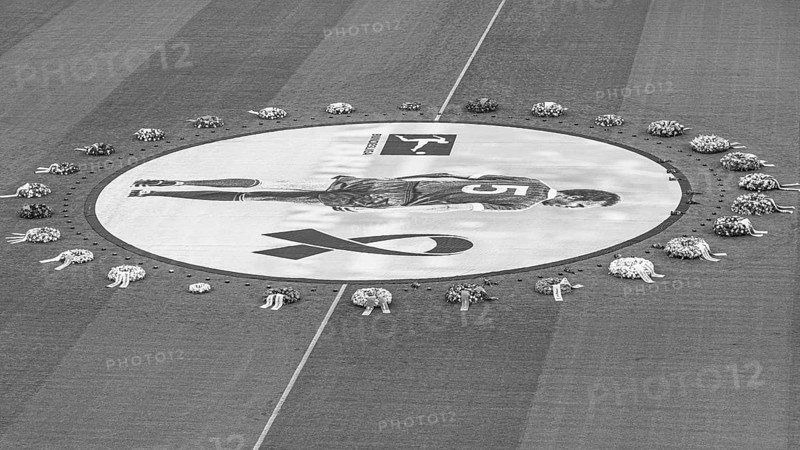 Banner with Franz Beckenbauer and wreaths of flowers, funeral service of FC Bayern Munich for Franz Beckenbauer, black and white photo, Allianz Arena, Froettmaning, Munich, Upper Bavaria, Bavaria