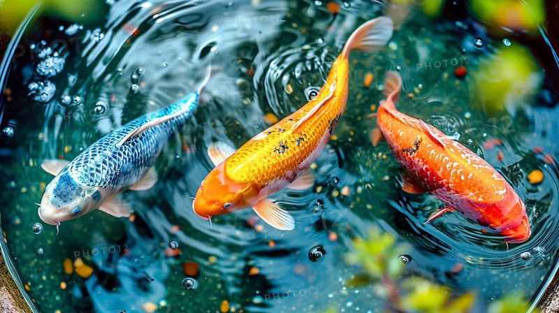 Three colourful koi carp in the colours blue, orange and red swim in a small pool with clear water, AI generated, AI generated