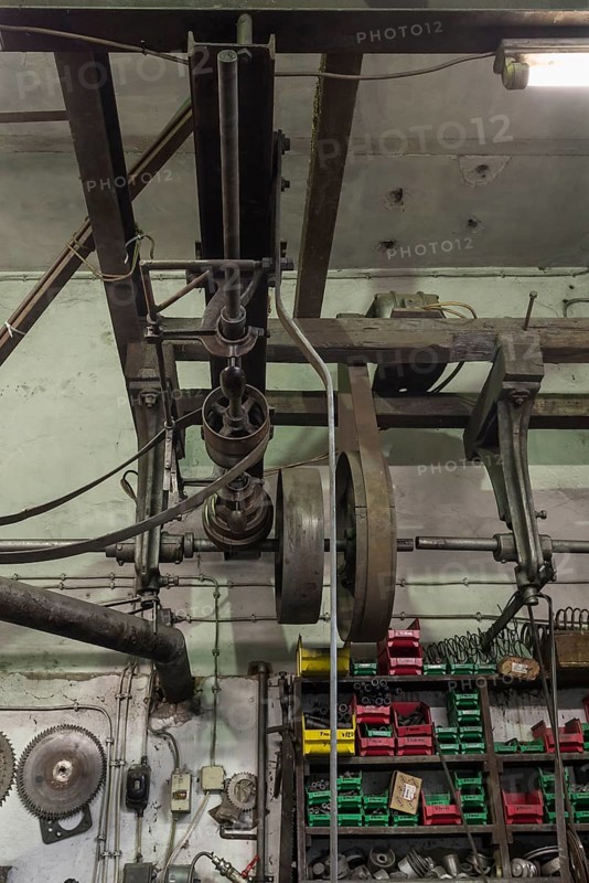 Workshop with transmission drives of a metal powder mill, founded around 1900, Igensdorf, Upper Franconia, Bavaria, Germany, metal, factory, Europe