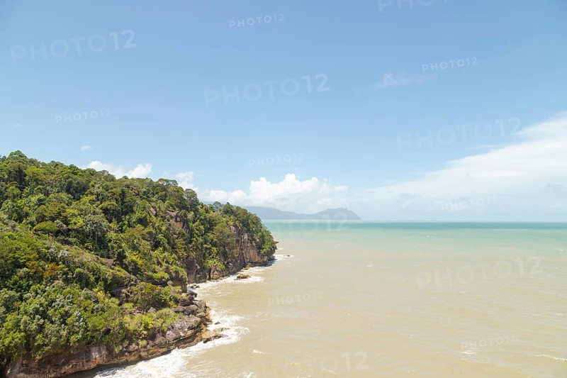 Bako national park, sea sandy beach, sunny day, blue sky and sea. Vacation, travel, tropics concept, no people, Malaysia, Kuching, Asia