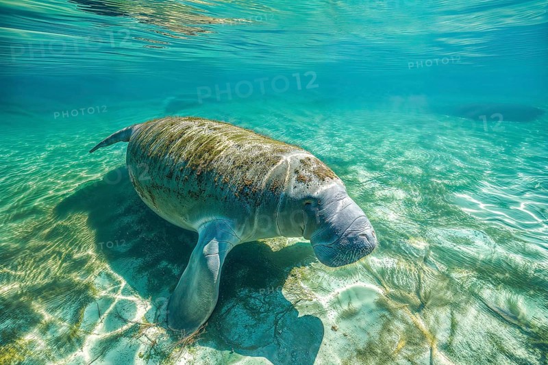 A manatee (Trichechus manatus) swims relaxed in the clear blue water, surrounded by sunlight and soft reflections, AI generated, AI generated